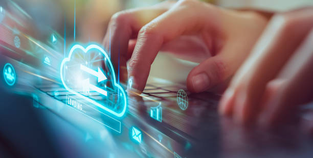 Cloud computing technology concept, Hand using laptop with upload data on internet storage. Cloud computing technology concept, Hand using laptop with upload data on internet storage. Cloud computing technology concept, Hand using laptop with upload data on internet storage. stock photo stock pictures, royalty-free photos & images
